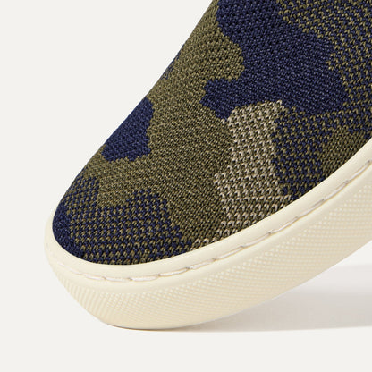 Close up of the toe and vamp of The Kids Sneaker in Spruce Camo.