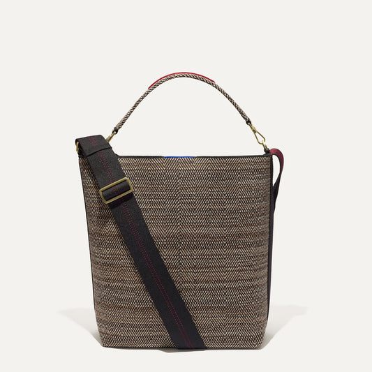 PLP |The Bucket Bag in Cacao Herringbone shown from the front.