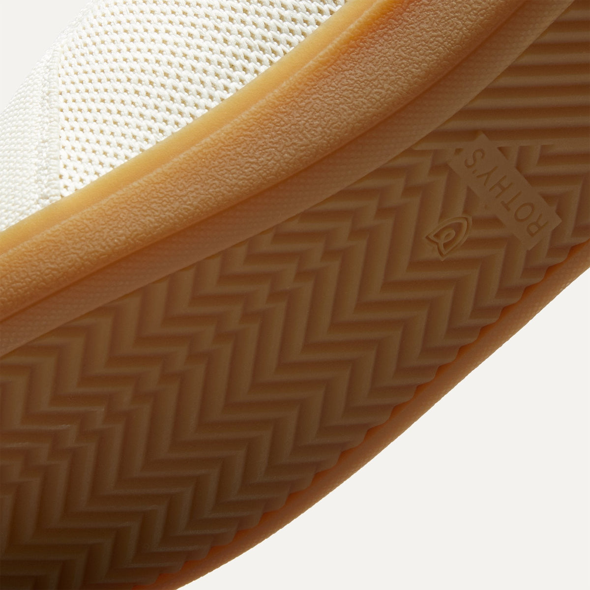 Close up of the outsoles of The RS01 Sneaker in Bone, with raised grooves for added traction.