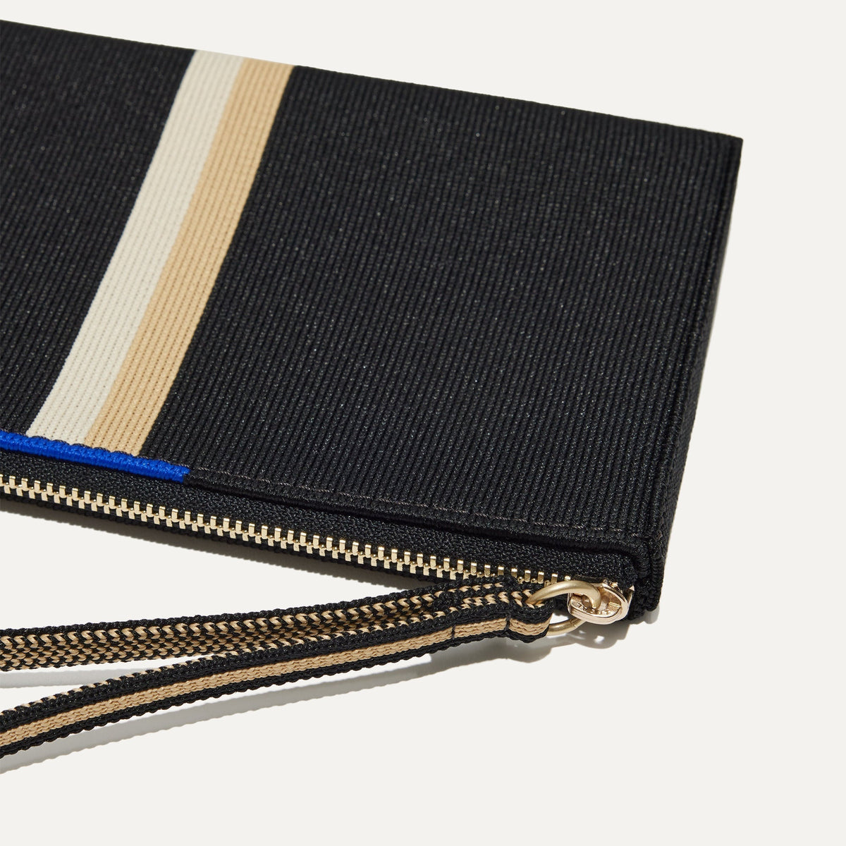 A closeup of The Wallet Wristlet in Black Portobello Stripe, focusing on the wrist strap.