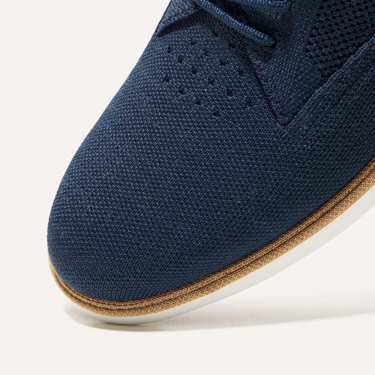 The toe and vamp of The Oxford in Night Navy, in diagonal view.