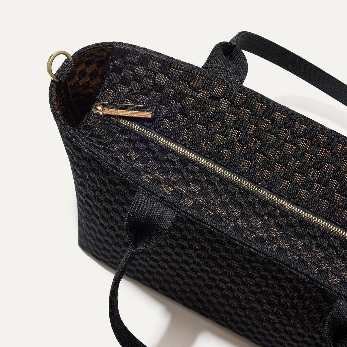 A close up of The Lightweight Zip Tote in Night Song focusing on the zip closure and handles.