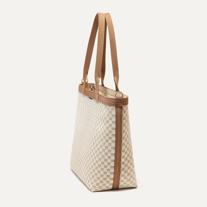The Lightweight Zip Tote in Vanilla Wafer shown from the side.