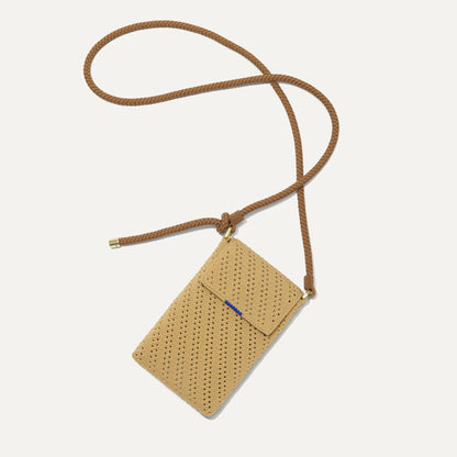 The Phone Crossbody in Brown Butter Crochet shown from above.