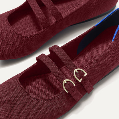 Close up of the buckle details of The Double Buckle Mary Jane in Cabernet.