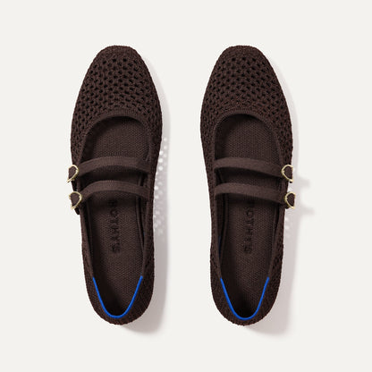 The Double Buckle Mary Jane in Chocolate Mesh shown from the top.