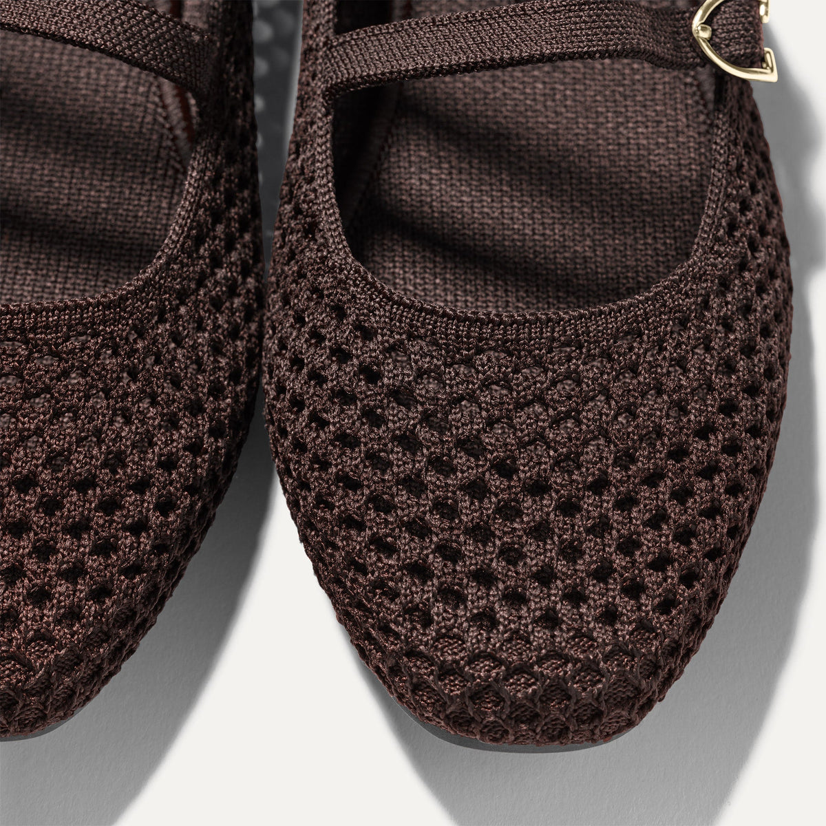 Close up of the toe and vamp of The Double Buckle Mary Jane in Chocolate Mesh.