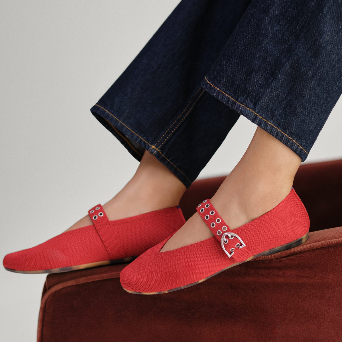 hover | Model wearing The Max Buckle Mary Jane in Cherry.