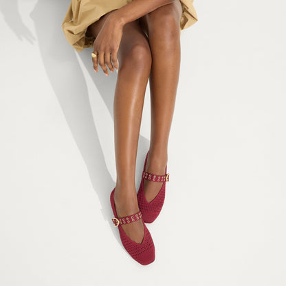 hover | Model wearing The Max Buckle Mary Jane in Ruby Mesh.