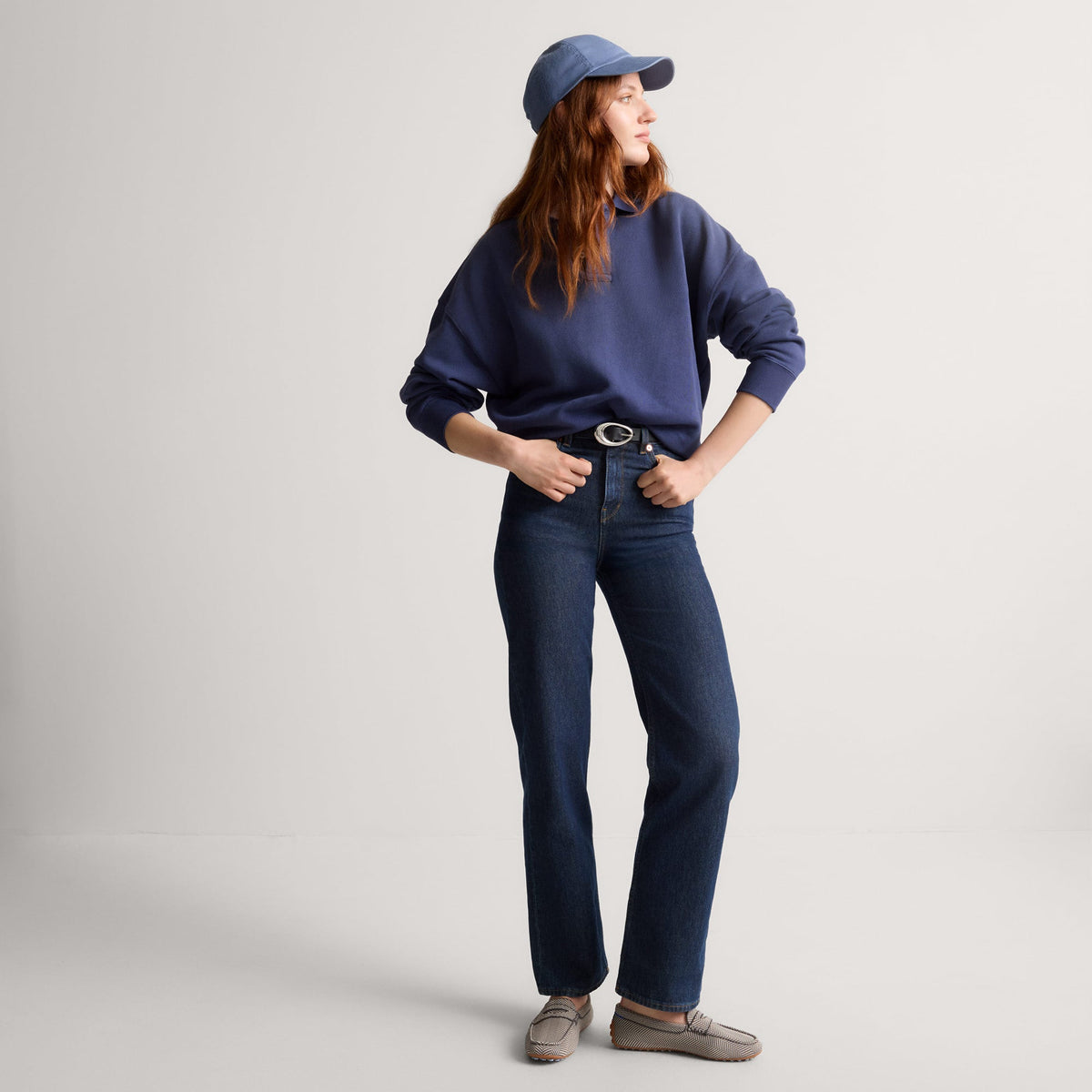 model | Alternate view of a model wearing The Daily Driver in Iron Herringbone.