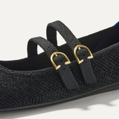 Close up of the buckle details of The Double Buckle Mary Jane in ReVelvet™ Black.