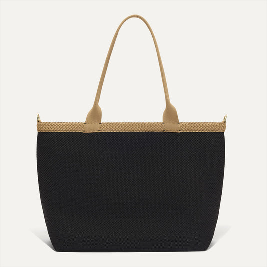 PLP |The Lightweight Zip Tote in Black Espresso Open-Knit shown from the front.