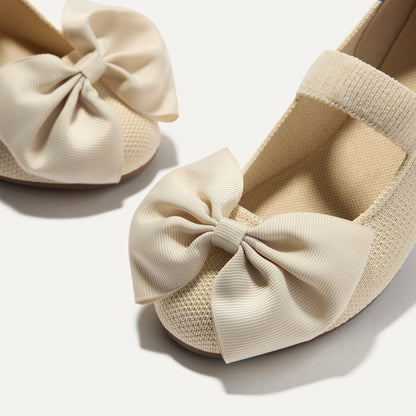 Close up of the bow detail of The Kids Big Bow Mary Jane in Conch.